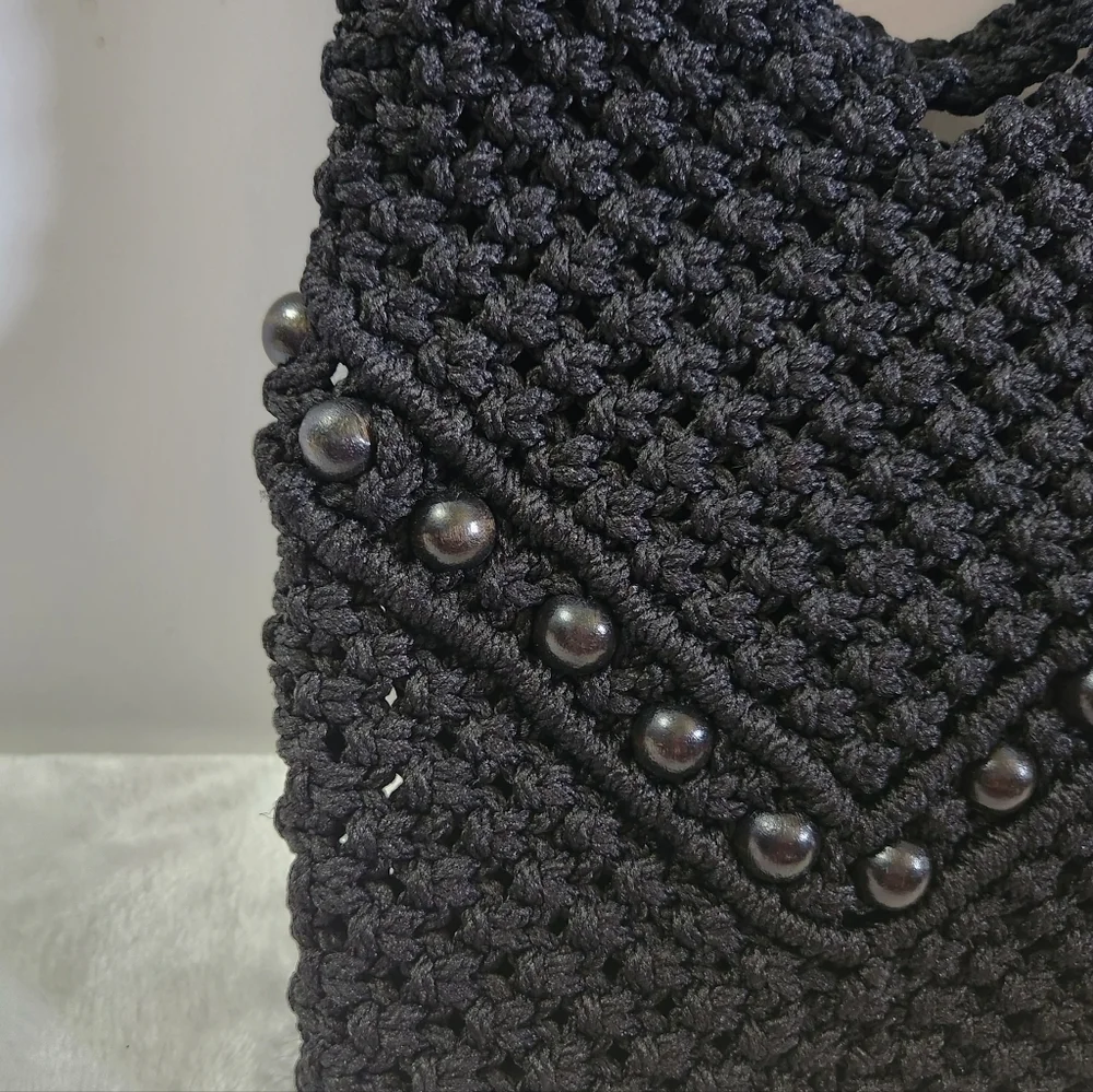 Vintage Hobo Boho Black Beaded Crochet Handbag Shoulder Bag Purse Bag